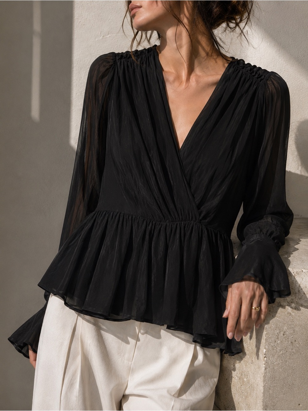 Worth New York Black 100% Silk Sheer Sleeve Peplum Blouse Size 8